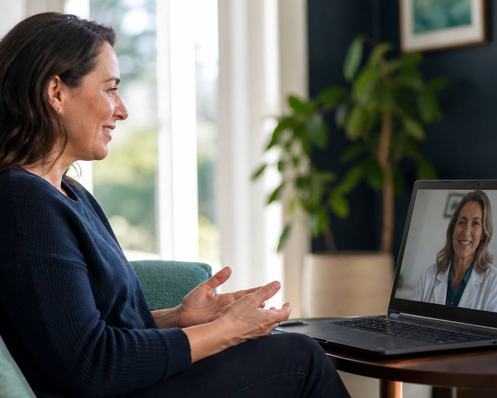 A woman video calling a provider from her living room.