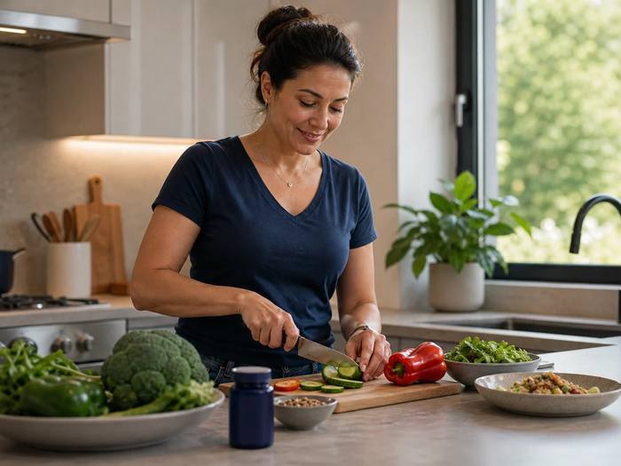 A woman preparing fresh vegetables in her kitchen.