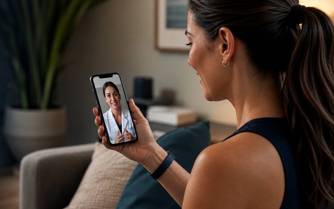 A woman video calling a provider from home.