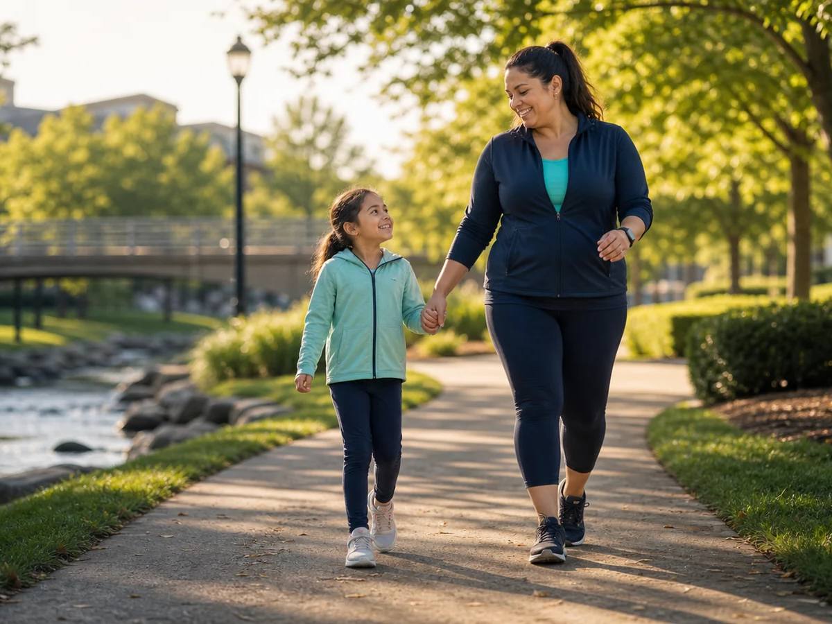 A mother and daughter walking together on a riverside path.