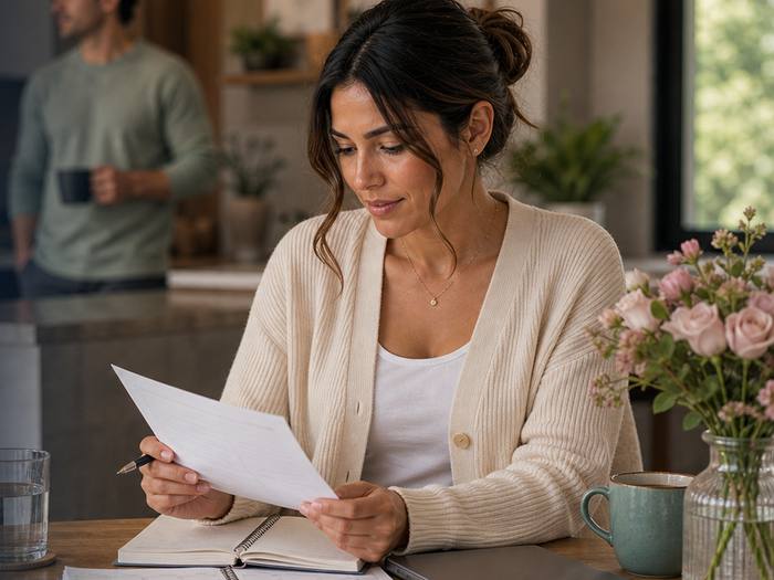 A woman reading through her results at her desk.