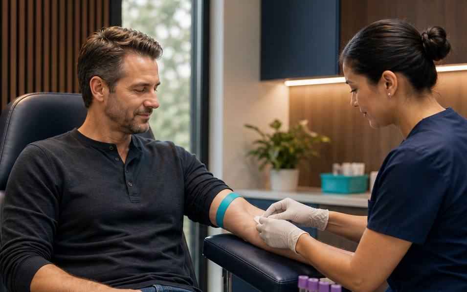 A man having blood drawn by a clinician.