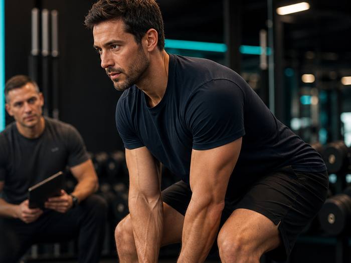 A man training with a kettlebell while a coach reviews his session.