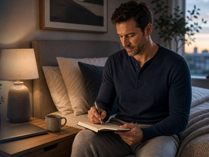 A man writing in a journal by lamplight before bed.