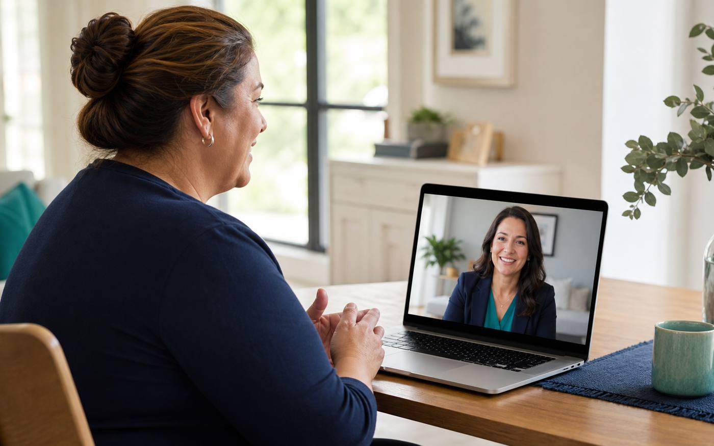 A woman video calling a provider from her dining table.