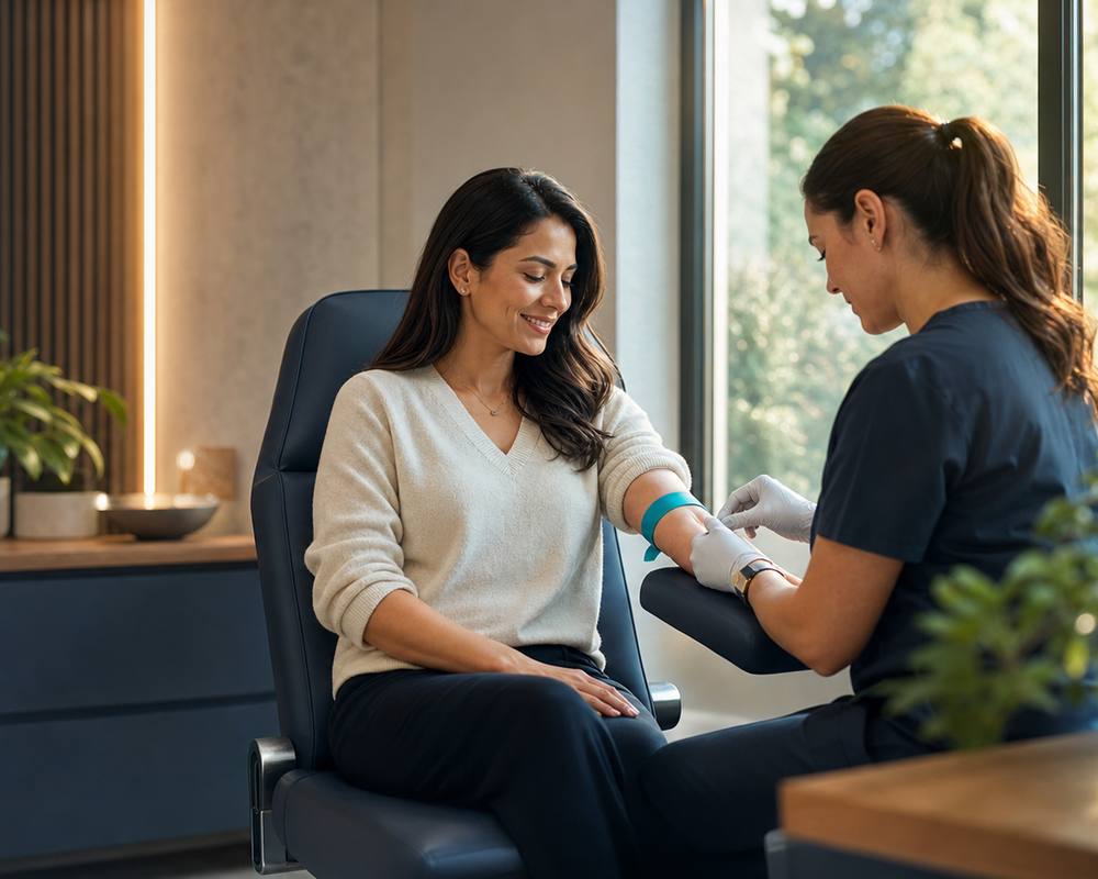 A woman having blood drawn by a clinician in a calm, sunlit room.