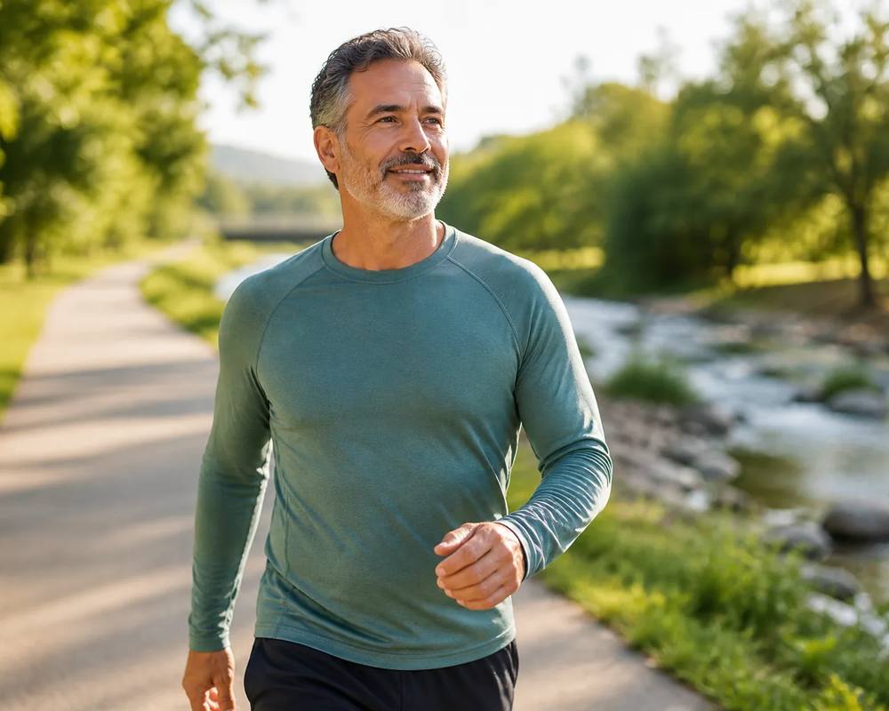A man walking along a river path in workout clothes.